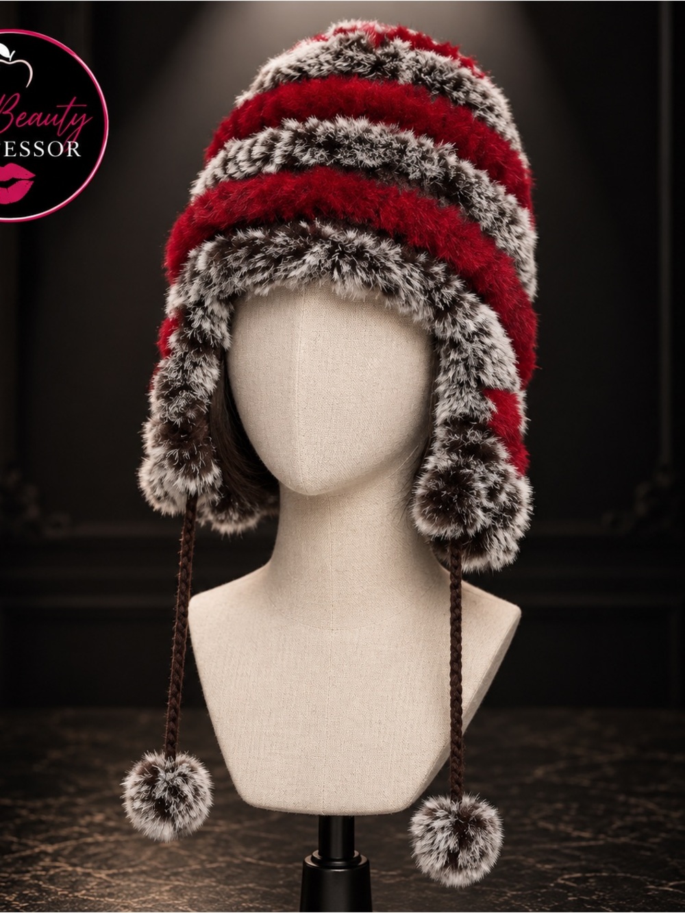 💕 Real Rex Rabbit Fur Reversible Trapper Hat Coffee Red One Size